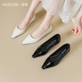 西遇平底单鞋女2026春季新款简约法式尖头一脚蹬通勤浅口漆皮皮鞋V0166204