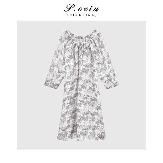 04-2潘依绣丁丁宠粉法式优雅风印花一字领连衣裙Q9872 商品图0