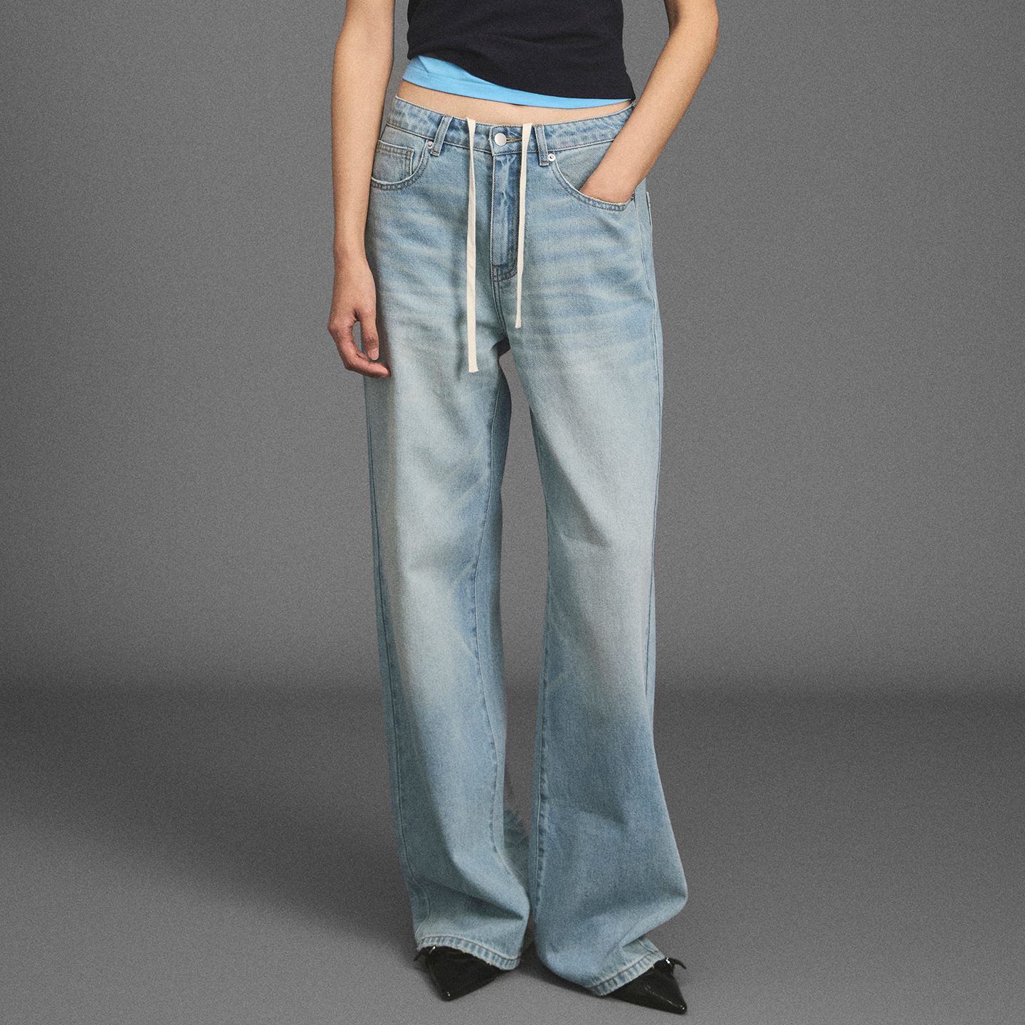 GOODBAI 新款刺绣水洗高腰宽松抽绳直筒牛仔裤长裤女