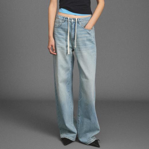 GOODBAI 新款刺绣水洗高腰宽松抽绳直筒牛仔裤长裤女 商品图0