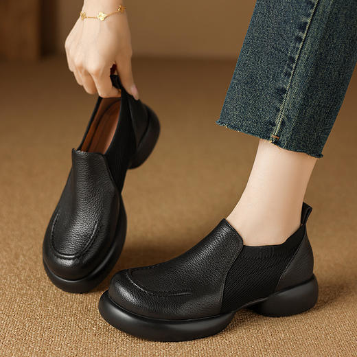【预售5天】踩屎感真皮厚底小皮鞋新款春秋圆头深口单鞋中跟粗跟女鞋&D209-1 商品图1