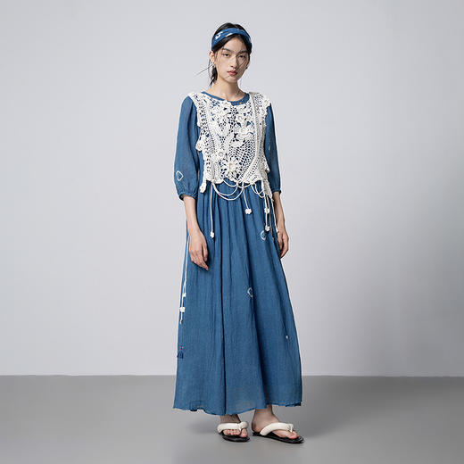 【林栖设计小店】（现货）植物染色|植物蓝手工流苏腰绳百搭2026春新款棉麻连衣裙1961139 商品图7
