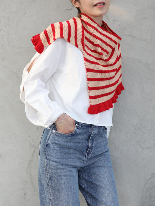 TYNVIE 荷叶边高领针织斗篷-红色条纹 商品图7