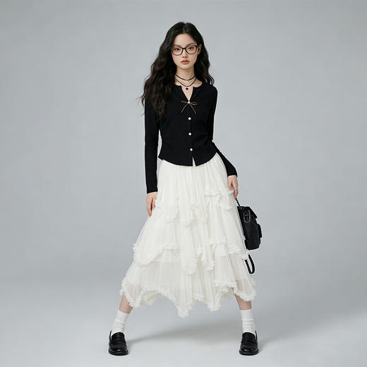 西遇法式不规则荷叶边半身裙女2026年春季新款高腰网纱拼接蛋糕裙E0060121 商品图3