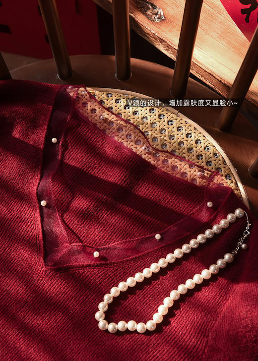 天鹅颈法式V领网纱钉珠羊毛针织混纺安迪绒毛衫 商品图8