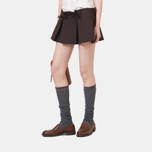 HERLIAN 2026年春季新品蝴蝶结抽褶设计短裙女棕调双褶A字半裙 商品图1