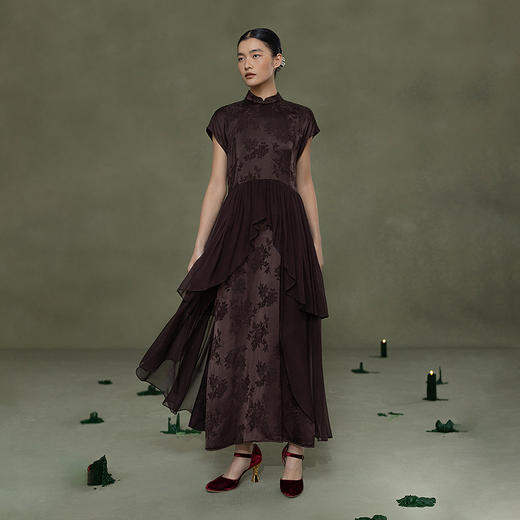 【林栖设计小店】鎏光溯影|新中式拼桑蚕丝飞片2026春新款改良旗袍连衣裙1961172 商品图0