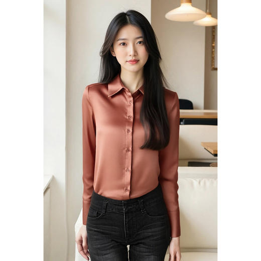 米思阳 知性优雅风 通勤OL简约直筒百搭粉桔色衬衫上衣女4926 商品图3