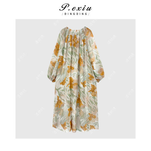潘依绣丁丁宠粉100%桑蚕丝度假风灯笼袖连衣裙 GH075 商品图1