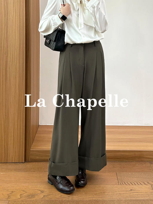 拉夏贝尔/La Chapelle通勤百搭时尚阔腿裤微弹半松紧压褶卷边显瘦休闲裤 商品图4