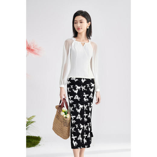 剩S/M/L/XL 米思阳 优雅荷叶边小衫蝴蝶印花半裙两件套 减龄洋气秋装套装女高级感4526 商品图2