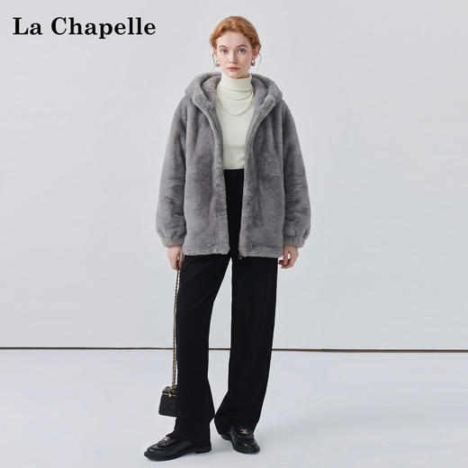 天猫同步【皮毛一体】拉夏贝尔/La Chapelle下摆抽绳毛毛连帽上衣外套轻奢高级感温暖厚实不显臃肿 商品图1