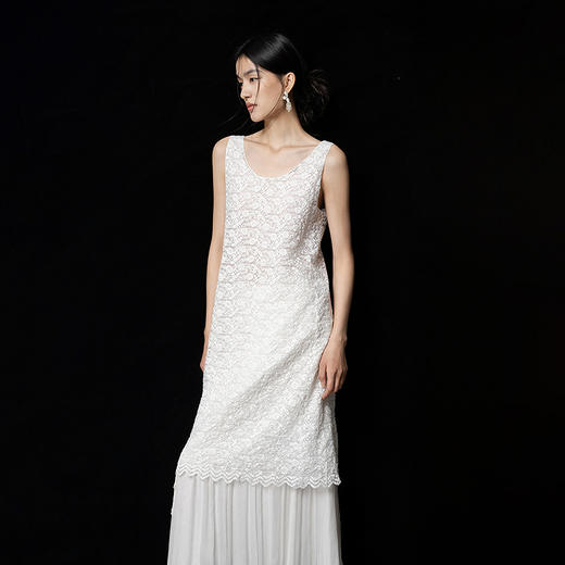 【林栖设计小店】蕾丝花语|米白色波浪花边优雅百搭2026春新款皱感连衣裙1961044 商品图1