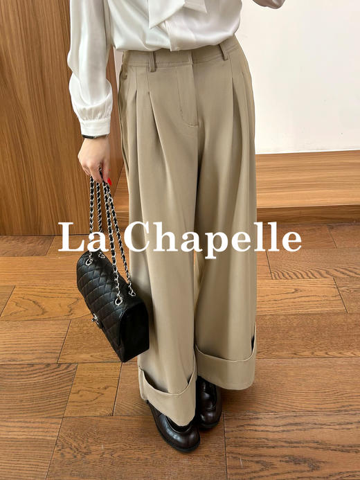 拉夏贝尔/La Chapelle通勤百搭时尚阔腿裤微弹半松紧压褶卷边显瘦休闲裤 商品图7
