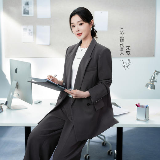 【宋轶同款】三彩2026春季新款休闲西装外套双排扣正肩小西服中长宽松气质Z 商品图1