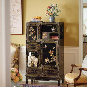 独角鹿西洋古董20世纪中期中国出品梅花对鸟主题百宝嵌装饰回字纹木胎黑漆描金螺钿镶嵌多宝阁式展柜