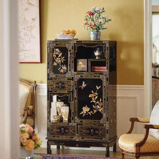 独角鹿西洋古董20世纪中期中国出品梅花对鸟主题百宝嵌装饰回字纹木胎黑漆描金螺钿镶嵌多宝阁式展柜 商品图0