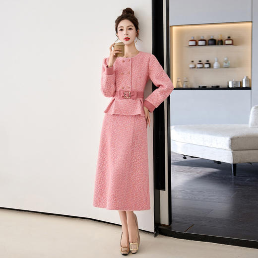 「自」全新升级【铂金会员349/天猫469/差价120】(99535)洛诗琳时尚格纹蝴蝶结系带外套+高腰大摆A字半裙两件套 商品图0