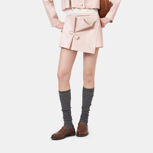 HERLIAN 2026年春季新品掐褶蝴蝶结设计粉色皮裙半身裙女A字短裙 商品图1