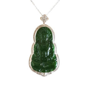 【天然正品】A货翡翠AU750白金镶钻镶天然细腻冰种满绿观音坐莲（平安安乐）翡翠吊坠项链53.0*27.0*9.0MM（皆取最大值）181125AH37