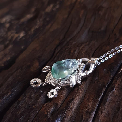 【天然正品】A货翡翠AU750白金镶钻镶天然细腻冰种飘蓝花貔貅纳财造型翡翠吊坠项链26.2*12.1*8.2MM（皆取最大值）190126NJS19 商品图5