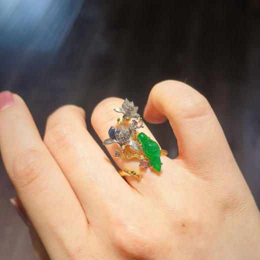 龢盒原创 9k金镶玉兰翠鸟钻石开口戒指 商品图2