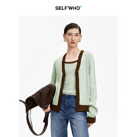 SELFWHO天丝亚麻混纺复古绿色V领针织开衫女2026春季新款宽松上衣