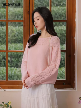 【门店同款】ENJOY春季“柔光芳序”一字领镂空针织上衣 169261661