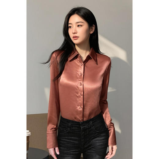 米思阳 知性优雅风 通勤OL简约直筒百搭粉桔色衬衫上衣女4926 商品图1