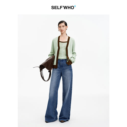 SELFWHO天丝亚麻混纺复古绿色V领针织开衫女2026春季新款宽松上衣 商品图3