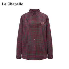 天猫同步【精梳全棉+刺绣】拉夏贝尔/La Chapelle文艺风！纯棉挺括有型气质翻领刺绣徽章复古格纹百搭叠穿衬衣