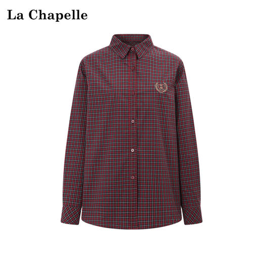 天猫同步【精梳全棉+刺绣】拉夏贝尔/La Chapelle文艺风！纯棉挺括有型气质翻领刺绣徽章复古格纹百搭叠穿衬衣 商品图0