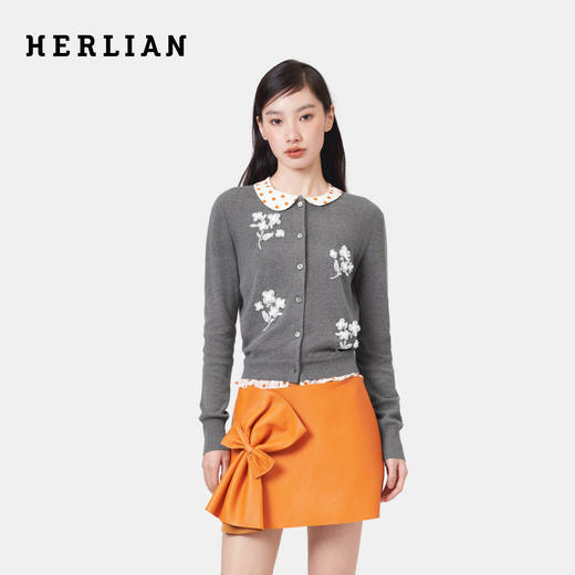 HERLIAN 2026年春季新品波点不对称领钉珠拼接女士针织衫开衫 商品图0