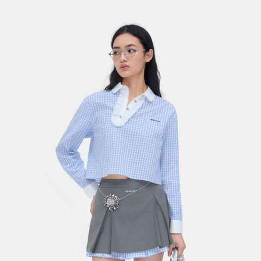 HERLIAN 2026年春季新品荷叶花边斜襟蓝格女士长袖宽松显瘦衬衫 商品图2