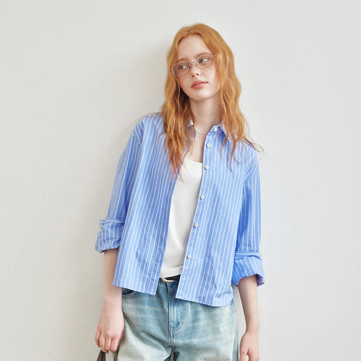 714street高密砂洗条纹长袖衬衫2026春季新款尖领纯棉蓝色衬衣女 商品图0