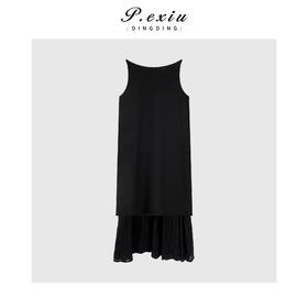 04-1潘依绣丁丁宠粉极简一字领拼接假两件吊带连衣裙Q18374