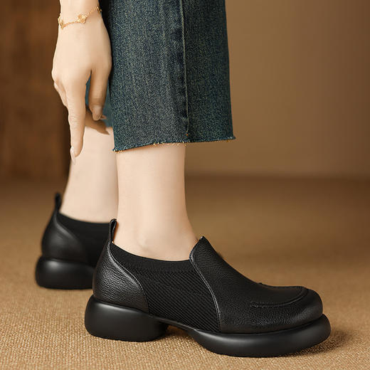 【预售5天】踩屎感真皮厚底小皮鞋新款春秋圆头深口单鞋中跟粗跟女鞋&D209-1 商品图2