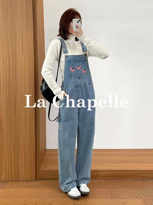 专柜实拍【减龄神器】拉夏贝尔/La Chapelle重磅100棉牛仔背带裤！撞色刺绣蝴蝶宽松显瘦直筒连体裤 商品图2