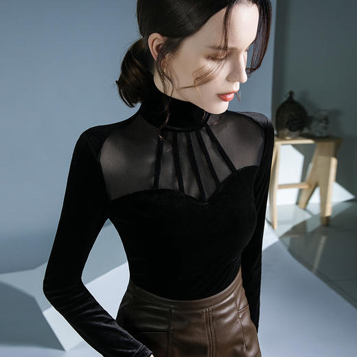丝绒拼接网纱气质小衫洋气时髦内搭上衣 商品图2