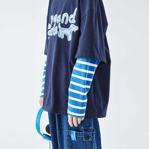 【代发】【预售4.7发】 蓝汽水男童T恤潮酷字母青少年假两件全棉长袖上衣藏青 商品图4