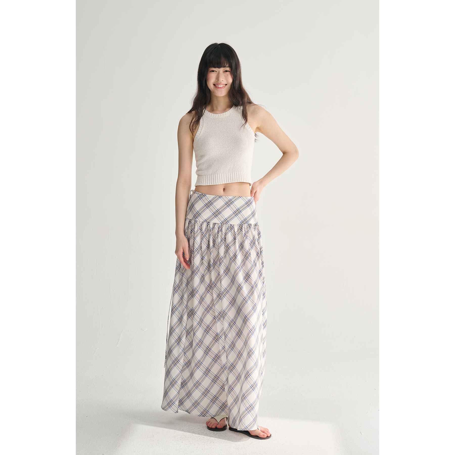 MAISON CECILE复古du家设计格纹宽腰头法式浪漫飘逸感A字半裙