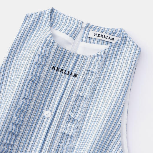 HERLIAN 2026年春季新品波点荷叶花边蓝格女士无袖圆领衬衫上衣 商品图4