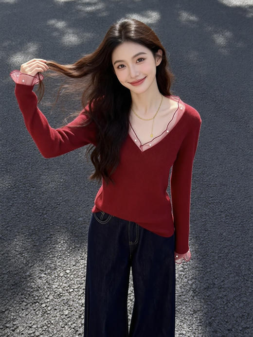 天鹅颈法式V领网纱钉珠羊毛针织混纺安迪绒毛衫 商品图3