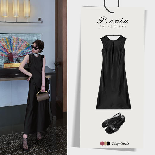 04-1潘依绣丁丁宠粉【黑色舞曲】露背绸面光泽感套头无袖连衣裙W-62939 商品图0
