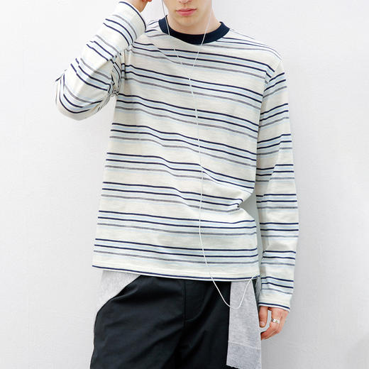 714street轻薄条纹长袖上衣2026春季新款潮牌休闲圆领混纺T恤男女 商品图0