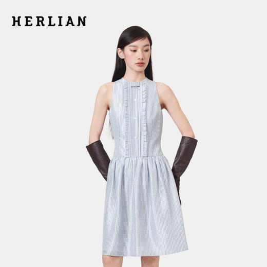 HERLIAN 2026年春季新品蓝格塔克褶荷叶花边桑蚕丝背心无袖连衣裙 商品图0