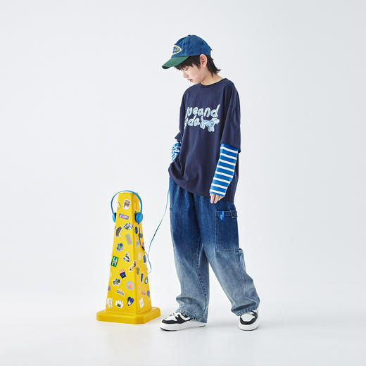 【代发】【预售4.7发】 蓝汽水男童T恤潮酷字母青少年假两件全棉长袖上衣藏青 商品图3