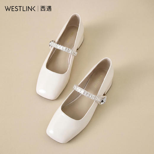 西遇玛丽珍鞋女2026春季新款一脚蹬浅口单鞋水钻绊带方头小皮鞋V0166215 商品图4