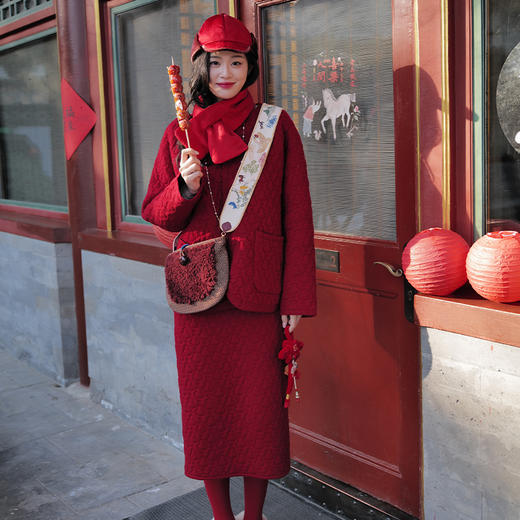 福禄满棠 100%绵羊毛葫芦海棠拱花浮雕针织薄棉外套半裙 山林曦照 商品图2