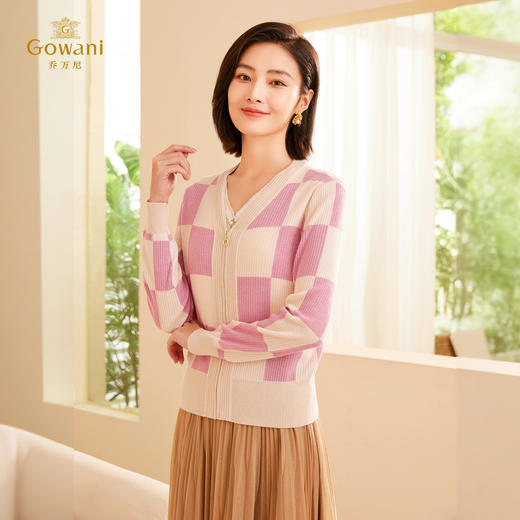 乔万尼时尚格纹减龄学院风针织开衫ET3M758 商品图1